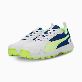 حذاء PUMA CAT Cricket High Run للرجال باللون الأبيض والأزرق الساطع والأصفر السريع 
