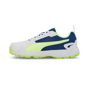 حذاء PUMA CAT Cricket High Run للرجال باللون الأبيض والأزرق الساطع والأصفر السريع 