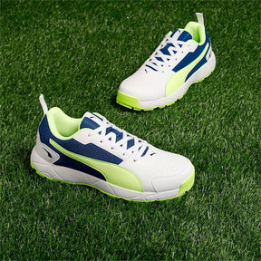 حذاء PUMA CAT Cricket High Run للرجال باللون الأبيض والأزرق الساطع والأصفر السريع 